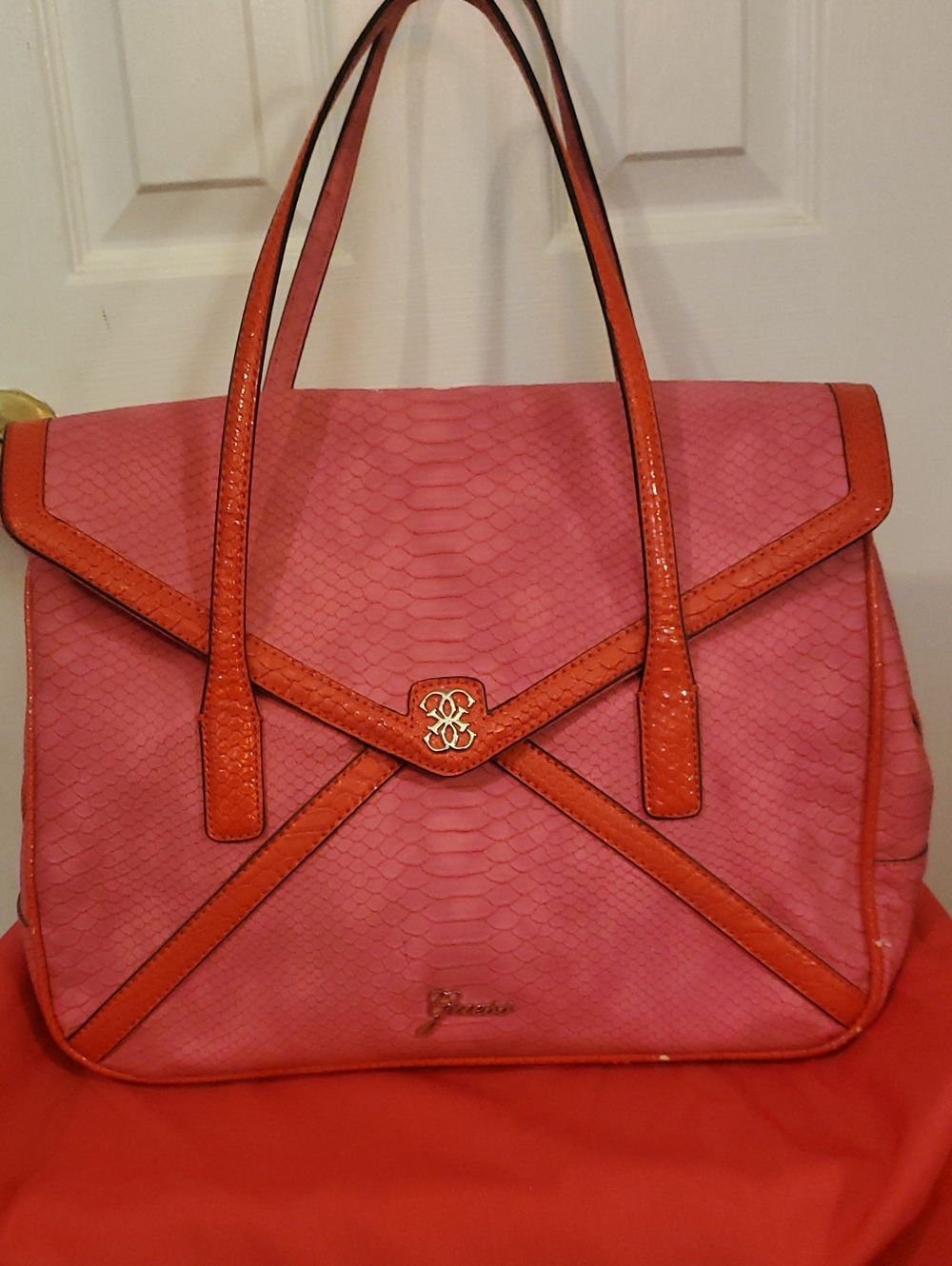Guess Large Pink Shoulder Bag  with Orange Trim